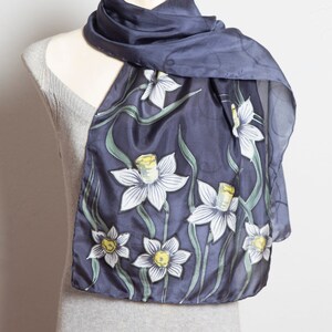 Daffodil Hand Painted Grey Ombre Floral Silk Spring Scarf Mom Gift 53X14 image 1