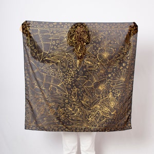 Leopard Hand Painted Silk Scarf Silk Square Scarf Leopard Print Hibiscus Palm Leaves Black Gold Scarf Silk Head Scarf Birthday Gift 35X35