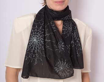 Spider Web Hand Painted Scarf Spider Web Print Black Silver Halloween Scarf Abstract Scarf Silk Scarf Women Fall Scarf Gothic Scarf 53X15
