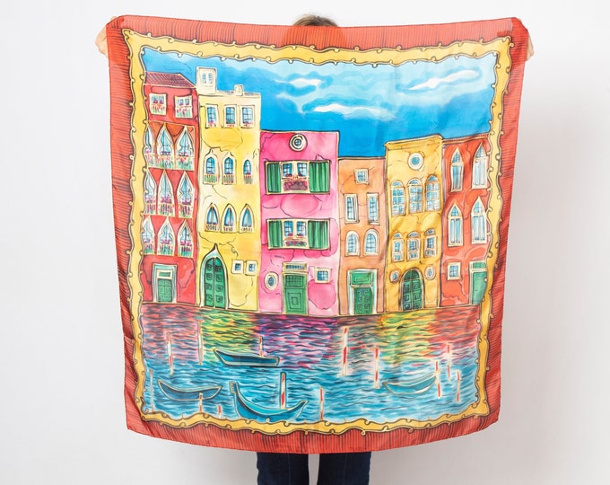 Venice Hand Painted Orange Silk Square Scarf Italy Venice Christmas Gift 35X35