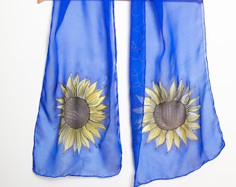 Sunflower Scarf Blue Silk Scarf Hand Painted Silk Scarf Silk Chiffon Scarf Sunflower Print Scarf Hair Scarf Sunflower Birthday Gift 54X13