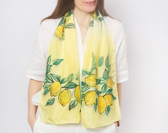 Lemon Print Hand Painted Yellow Silk Scarf Amalfi Lemon Gift  53X14