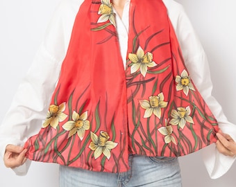 Daffodil Red Silk Scarf Hand Painted Silk Scarf Daffodil Scarf Red Yellow Scarf Floral Daffodil Print Pure Silk Scarf Gift for Mom 53X14