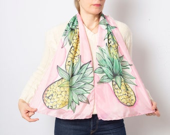 Hand Painted Silk Scarf Pineapple Print Tropical Fruit Print Pink Silk Scarf Pure Silk Scarf Silk Head Scarf Gift Summer Scarf 52X14