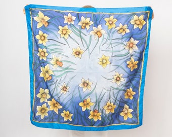 Daffodil Print Hand Painted Silk Scarf Blue Silk Bandana Floral Silk Scarf Spring Silk Head Scarf Silk Square Scarf Foulard Gift 28X28