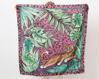 Bufanda de leopardo Bufanda de seda pintada a mano Bufanda de seda púrpura Bufanda de seda cuadrada Jaguar Flores tropicales Hojas de palma Bufanda de cabeza de seda Guepardo 35X35