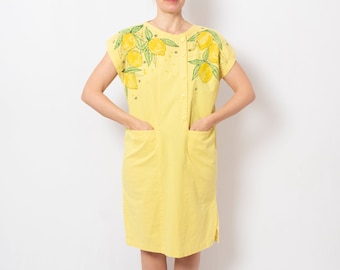 Lemon Dress Hand Painted Dress Upcycled Yellow Cotton Dress with Pockets Italian Style Amalfi Inspired Summer Travel Dress Size M