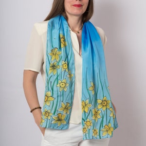 Daffodil Hand Painted Daffodil Print Long Silk Scarf Blue Silk Scarf Floral Silk Scarf Ombre Spring Pure Silk Scarf Birthday Gift 61X16 image 1