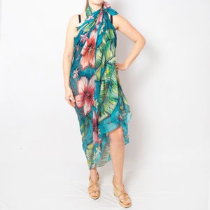 Hand Painted Silk Scarf Hibiscus Tropical Leaf Print Blue Green Large Sarong Summer Scarf Wife Gift Mom Gift Resort Wear Xmas Gift 84X53