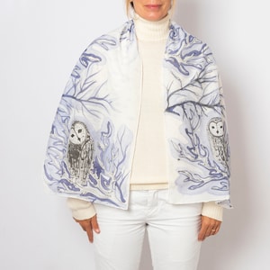 Owl Scarf Hand Painted Silk Scarf Owl White Blue Silk Cotton Scarf Bird Scarf Bird Lover Gift Christmas Scarf Birthday Gift Wife Gift 57X16