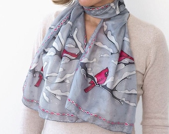 Cardinal Bird Scarf Hand Painted Silk Scarf Cardinal Scarf Grey Red Winter Scarf Cardinal Gifts Fiance Gift Christmas Silk Scarf Gift 51X13