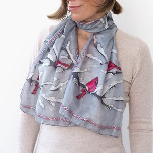 Cardinal Bird Scarf Hand Painted Silk Scarf Cardinal Scarf Grey Red Winter Scarf Cardinal Gifts Bird Gift Christmas Silk Scarf Gift 51X13