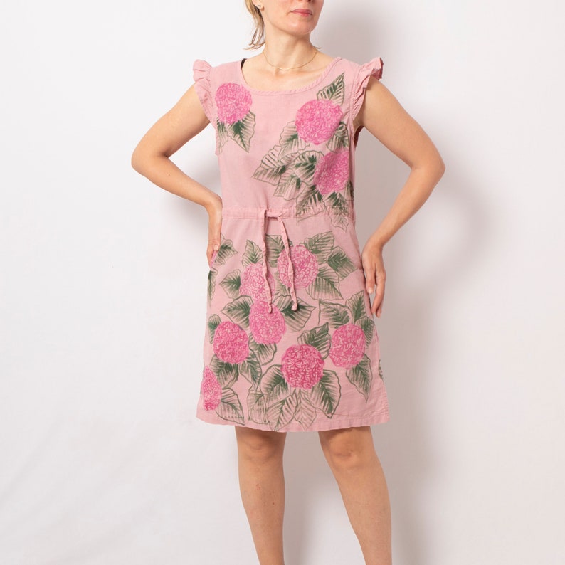Hydrangea Dress Summer Linen Dress Pink Pull On Linen Dress Hand Painted Short Sleeve Linen Sundress Dress Will fit S M Sizes image 1