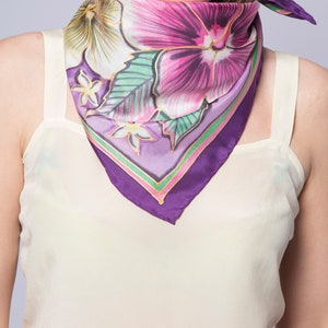 Hummingbird Silk Head Scarf Hand Painted Silk Scarf Hibiscus Colibri Purple Lilac Scarf Bird Scarf Summer Hawaii Print Tropical 24X24 image 8