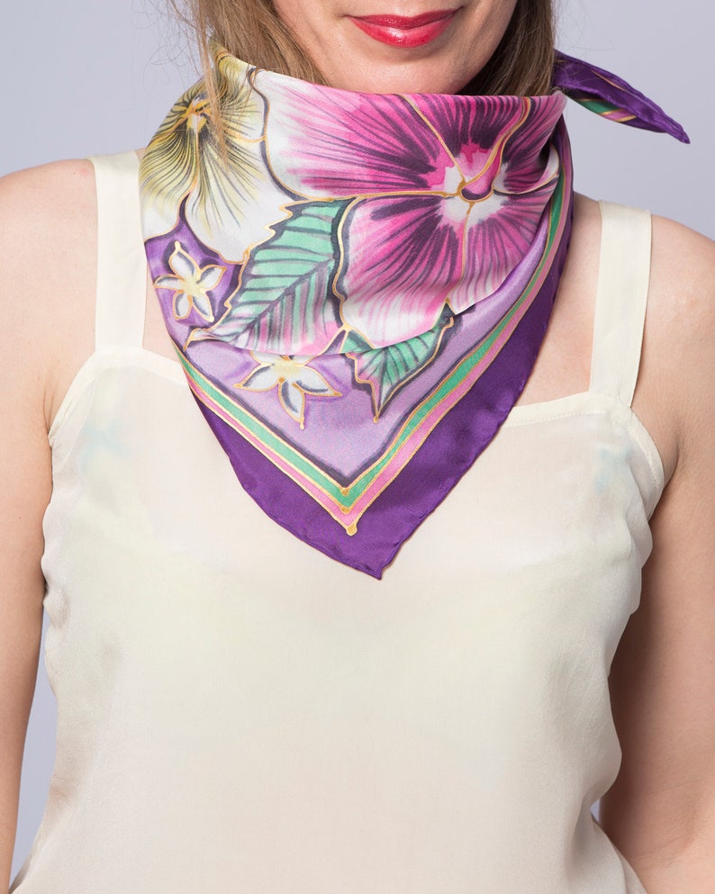 Hummingbird Silk Head Scarf Hand Painted Silk Scarf Hibiscus Colibri Purple Lilac Scarf Bird Scarf Summer Hawaii Print Tropical 24X24 image 8