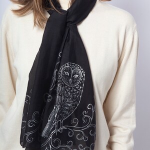 Owl Scarf Silk Cotton Scarf Hand Painted Scarf Silver Black Silk Scarf Owl Print Bird Lover Gift Bird Scarf Gift for Her 58X13 image 4