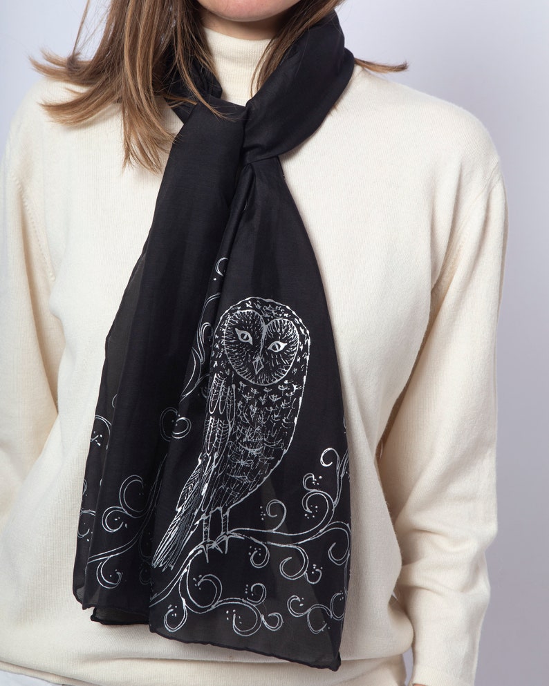 Owl Scarf Silk Cotton Scarf Hand Painted Scarf Silver Black Silk Scarf Owl Print Bird Lover Gift Bird Scarf Gift for Her 58X13 image 4