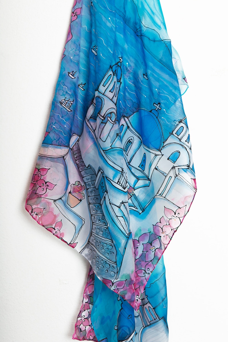 Santorini Hand Painted Silk Scarf Silk Chiffon Scarf Greece Santorini Print Travel Scarf Honeymoon Anniversary Gift Summer Scarf Gift 61X17 image 5