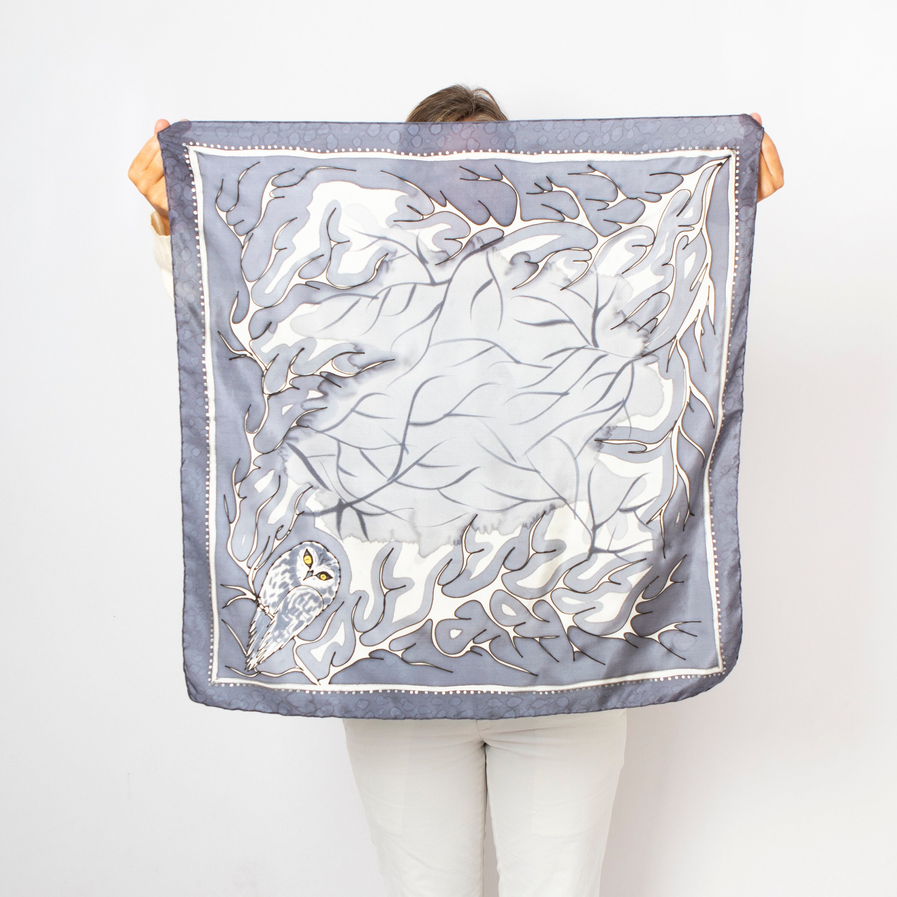 Owl Hand Painted Grey Silk Scarf Bird Print Winter Bandana Owl Christmas Gift 25X25