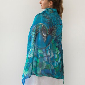 Peacock Scarf Hand Painted Silk Scarf Peacock Wing Scarf Chiffon Scarf Large Scarf Sarong Peacock Wedding Silk Shawl Pure Silk Scarf 70X35 image 7