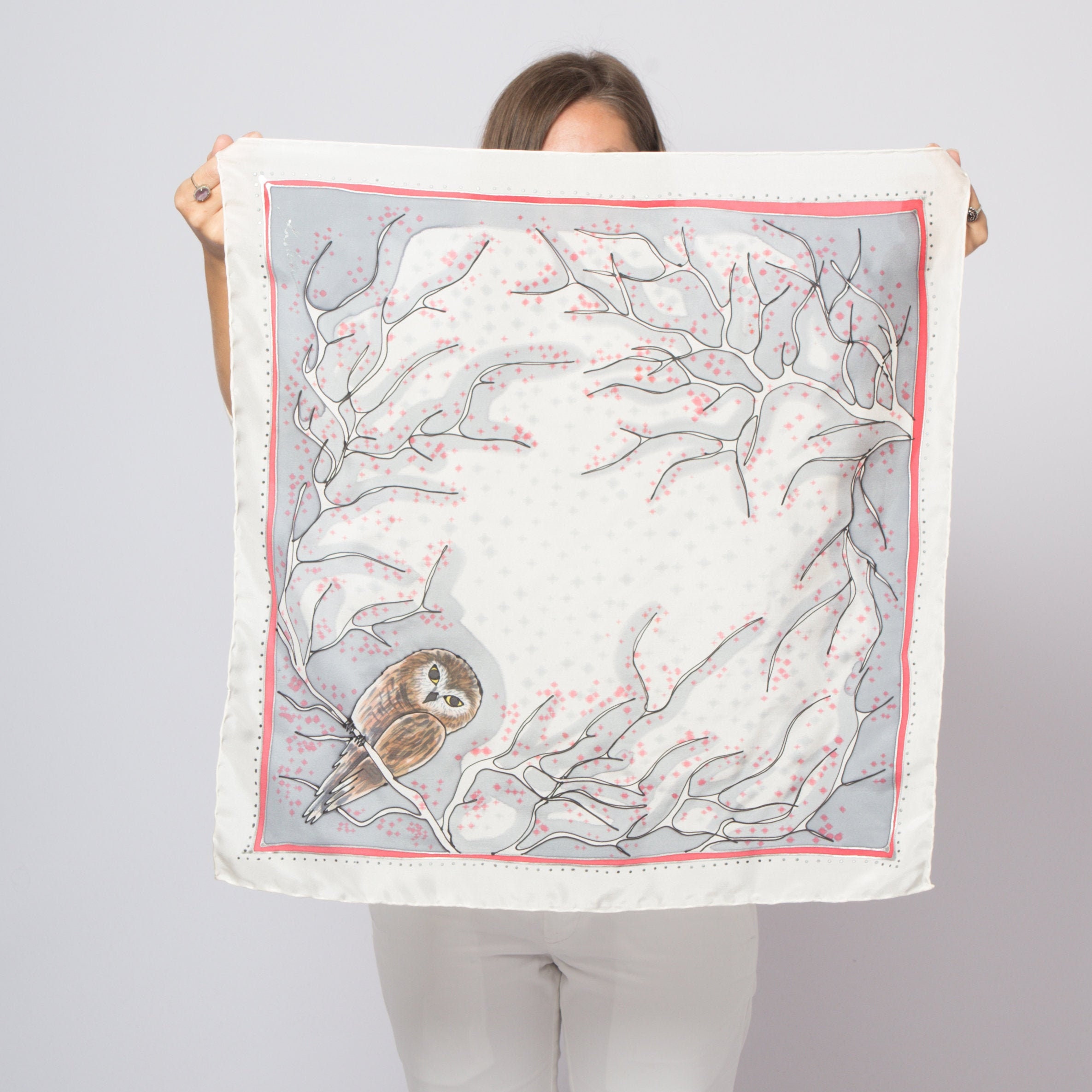 Owl Hand Painted Grey Silk Scarf Owl Xmas Gift 25X25