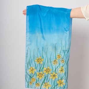 Daffodil Hand Painted Daffodil Print Long Silk Scarf Blue Silk Scarf Floral Silk Scarf Ombre Spring Pure Silk Scarf Birthday Gift 61X16 image 8