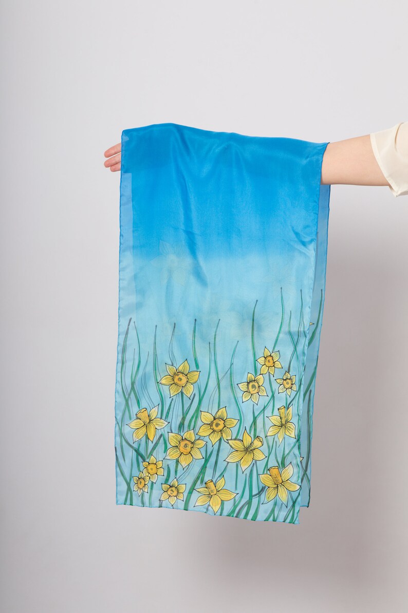 Daffodil Hand Painted Daffodil Print Long Silk Scarf Blue Silk Scarf Floral Silk Scarf Ombre Spring Pure Silk Scarf Birthday Gift 61X16 image 8
