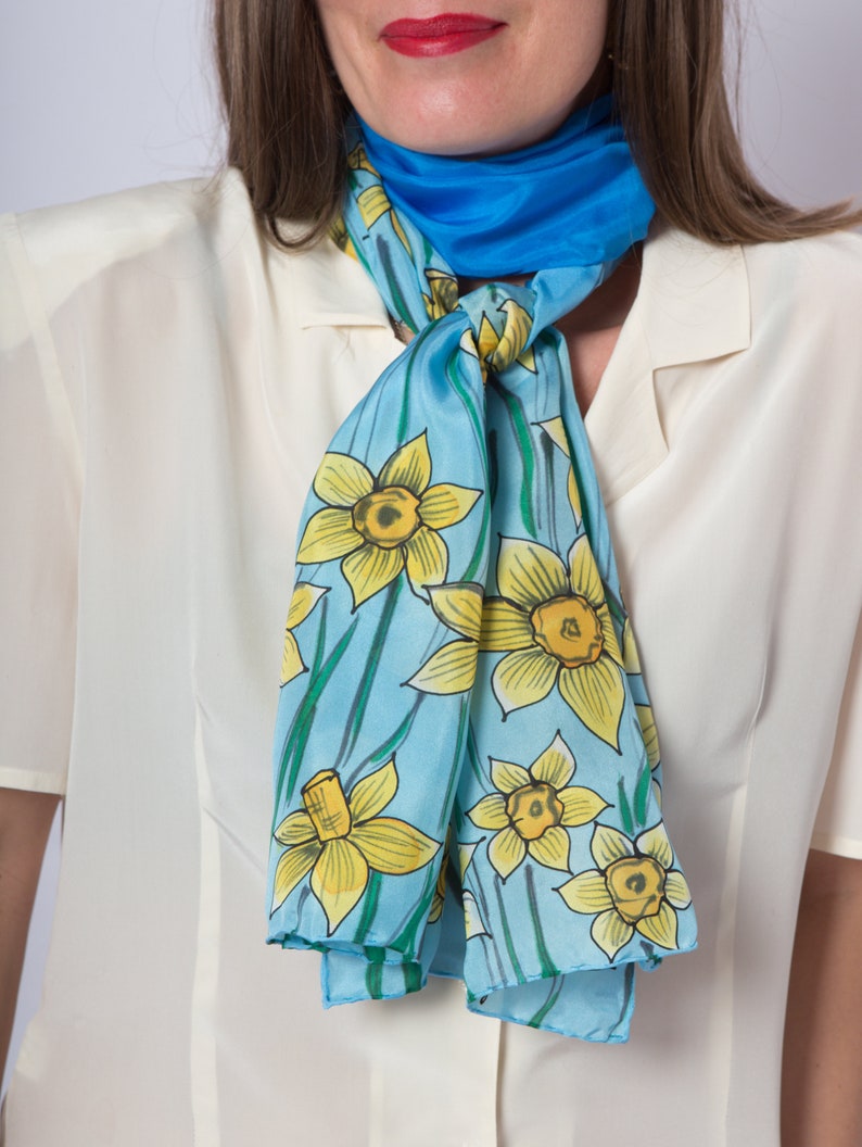 Daffodil Hand Painted Daffodil Print Long Silk Scarf Blue Silk Scarf Floral Silk Scarf Ombre Spring Pure Silk Scarf Birthday Gift 61X16 image 4