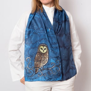 Owl Scarf Hand Painted Silk Scarf Owl Print Scarf Bird Scarf Blue Silk Scarf Owl Gifts Bird Lover Christmas Silk Scarf Christmas Gift 59X12