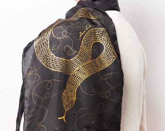 Hand Painted Black Silk Scarf Snake Print Snake Lover Gift 53X11
