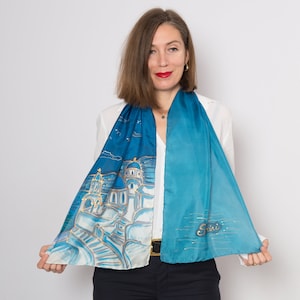 Santorini Hand Painted Silk Scarf Silk Blue Scarf Greece Santorini Print Travel Scarf Pure Silk Scarf Women Summer Scarf Gift for Her 53X14 image 8