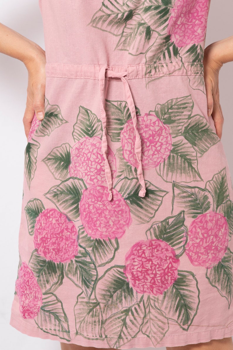Hydrangea Dress Summer Linen Dress Pink Pull On Linen Dress Hand Painted Short Sleeve Linen Sundress Dress Will fit S M Sizes image 7