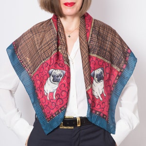 Pug Print Hand Painted Silk Scarf Red Blue Silk Square Scarf Dog Print Scarf Dog Mom Pug Scarf Pug Owner Gift Pug Mom Gift  35X35