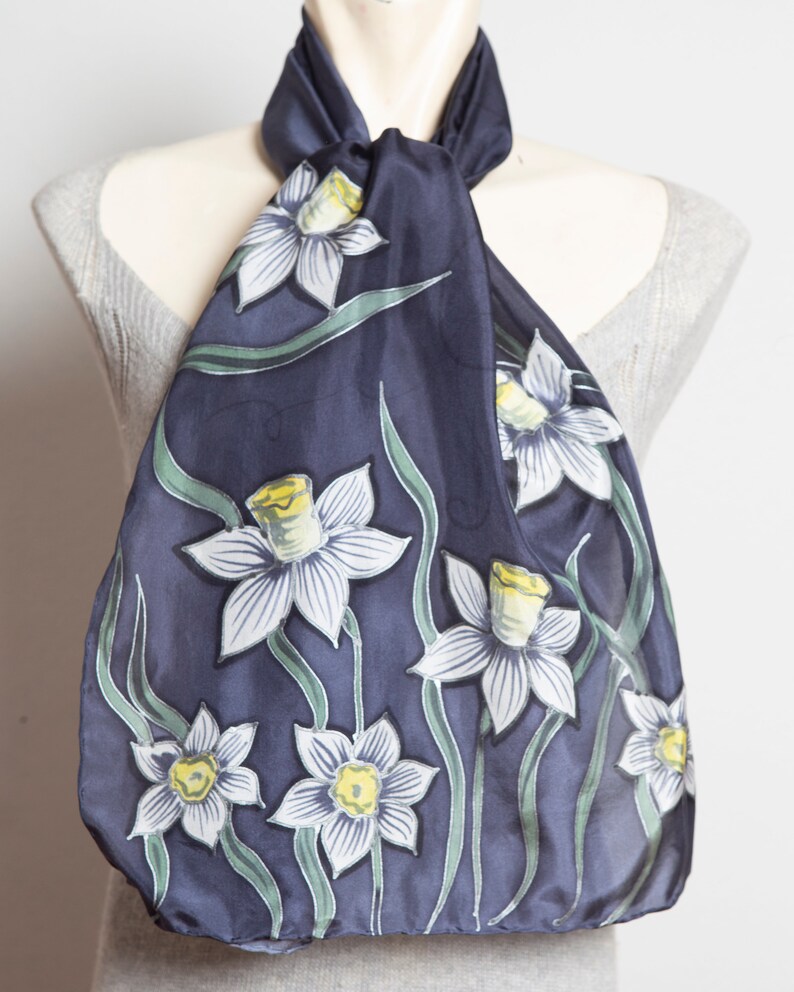 Daffodil Hand Painted Grey Ombre Floral Silk Spring Scarf Mom Gift 53X14 image 4
