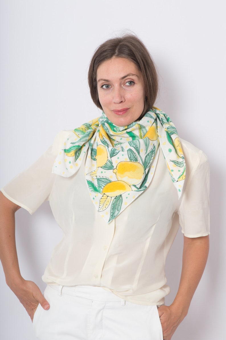 Lemon Print Hand Painted Silk Scarf Floral Square Scarf White Silk Scarf Italy Lemon Scarf Cotton Scarf Square Silk Scarf Birthday Gift33X33 image 8