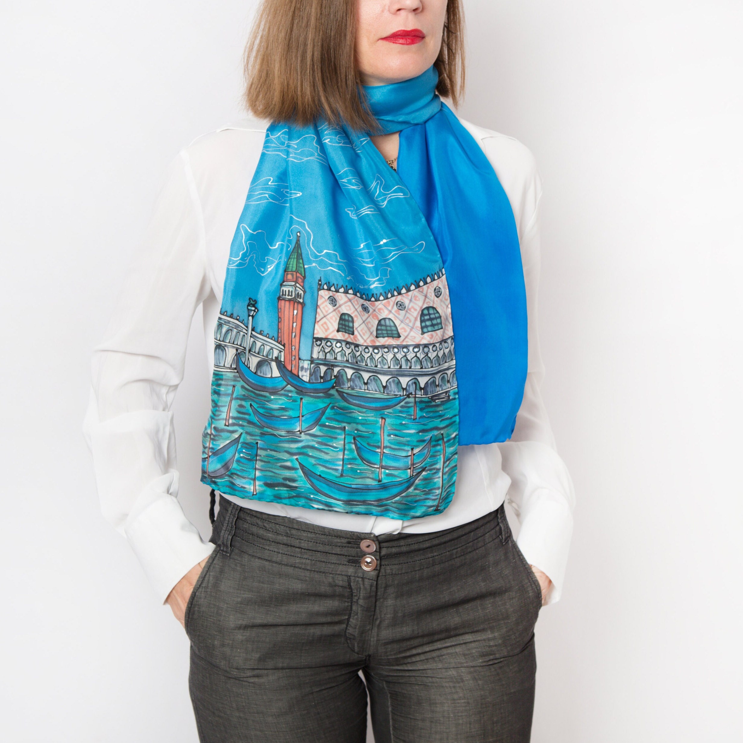 St Mark Square Venice Hand Painted Blue Silk Scarf Souvenir Travel