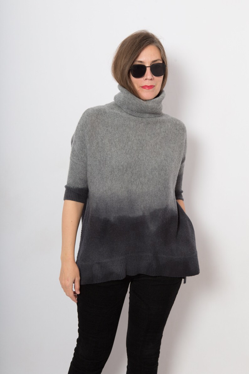 Grey Wool Sweater Short Sleeve Wool Sweater Hand Dyed Ombre Sweater Upcycled Sweater Dark Grey Sweater Turtleneck Wool Jumper Will fit S M image 3