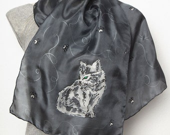 Cat Scarf Hand Painted Silk Scarf Kitten Grey Silk Scarf Cat Print Scarf Pure Silk Scarf Cat Mom Gift Grandma Cat Lover Gift 51X12