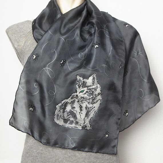 Cat Hand Painted Grey Silk Scarf Kitten Cat Mom Gift Cat Lover