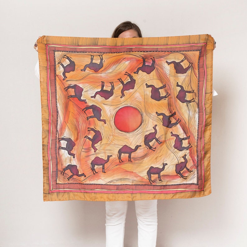 Camel Print Hand Painted Silk Scarf Camel Scarf Square Silk Scarf Desert Print Foulard Femme Red Orange Morocco Egypt Arab Emirates 37X37 image 1