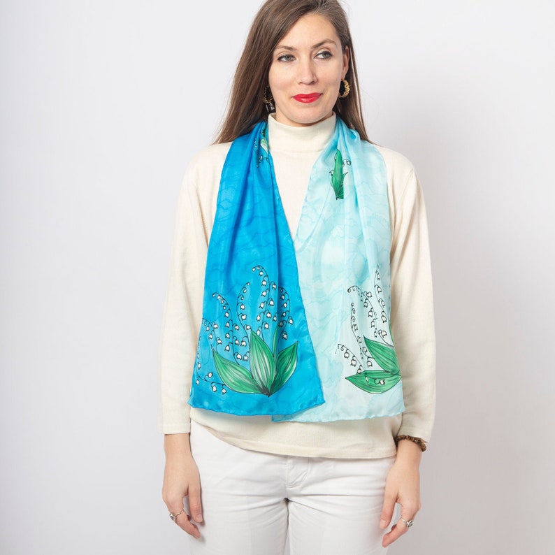 Hand Painted Silk Scarf Lily of The Valley Floral Silk Scarf Lilly Of The Valley Light Blue Silk Scarf Fiance Gift Mother Day May 13X52 image 1