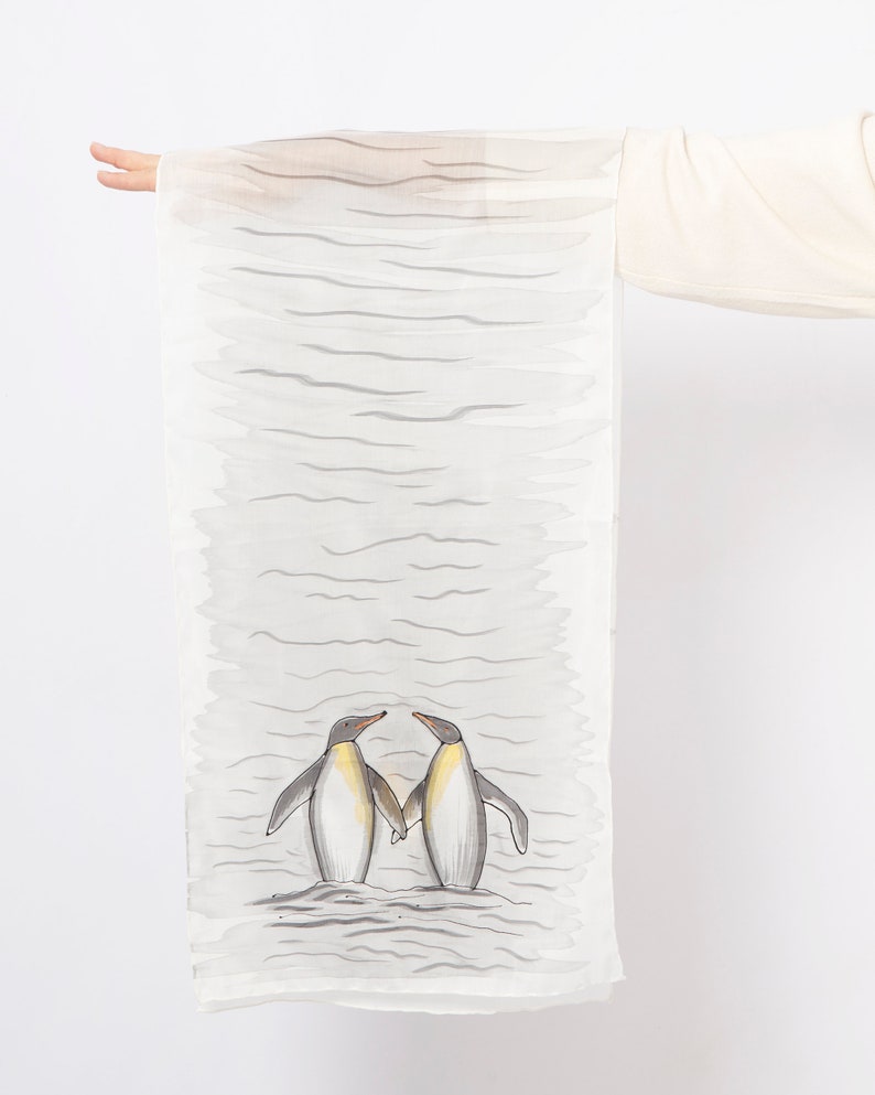 Penguin Hand Painted Scarf Silk Cotton Scarf Antarctica North Pole Penguin Gifts Scarf Fiance Gift Save Penguins Christmas Gift 53X13 image 5