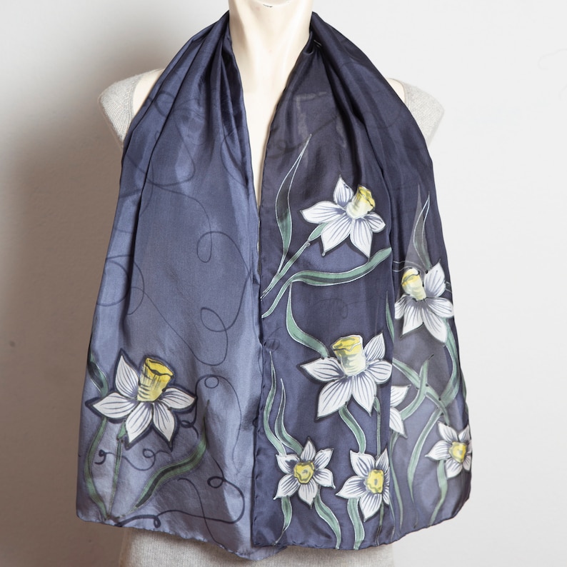 Daffodil Hand Painted Grey Ombre Floral Silk Spring Scarf Mom Gift 53X14 image 7