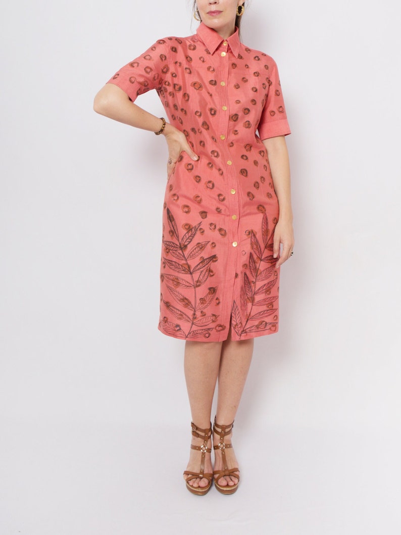 Leopard Print Dress Silk Button Down Dress Hand Painted Coral Silk Dress Palm Leaf Print Floral Print Shirt Dress Dupioni Silk Dress Size M image 6