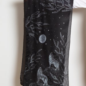 Howling Wolf Hand Painted Silk Scarf Silk Cotton Scarf Black Silk Scarf Full Moon Wolf Scarf Wolf Print Wolf Winter Scarf Mom Gift 69X16 image 2