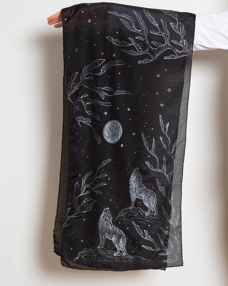 Howling Wolf Hand Painted Silk Scarf Silk Cotton Scarf Black Silk Scarf Full Moon Wolf Scarf Wolf Print Wolf Winter Scarf Mom Gift 69X16 image 2