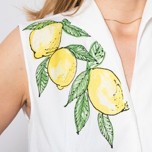 Lemon Print White Blouse Cotton Hand Painted Shirt Upcycled Blouse Fitted Button Down Shirt Sleeveless Summer Blouse Size L Italian Style image 6