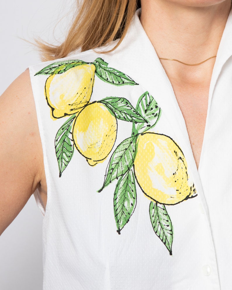 Lemon Print White Blouse Cotton Hand Painted Shirt Upcycled Blouse Fitted Button Down Shirt Sleeveless Summer Blouse Size L Italian Style image 6