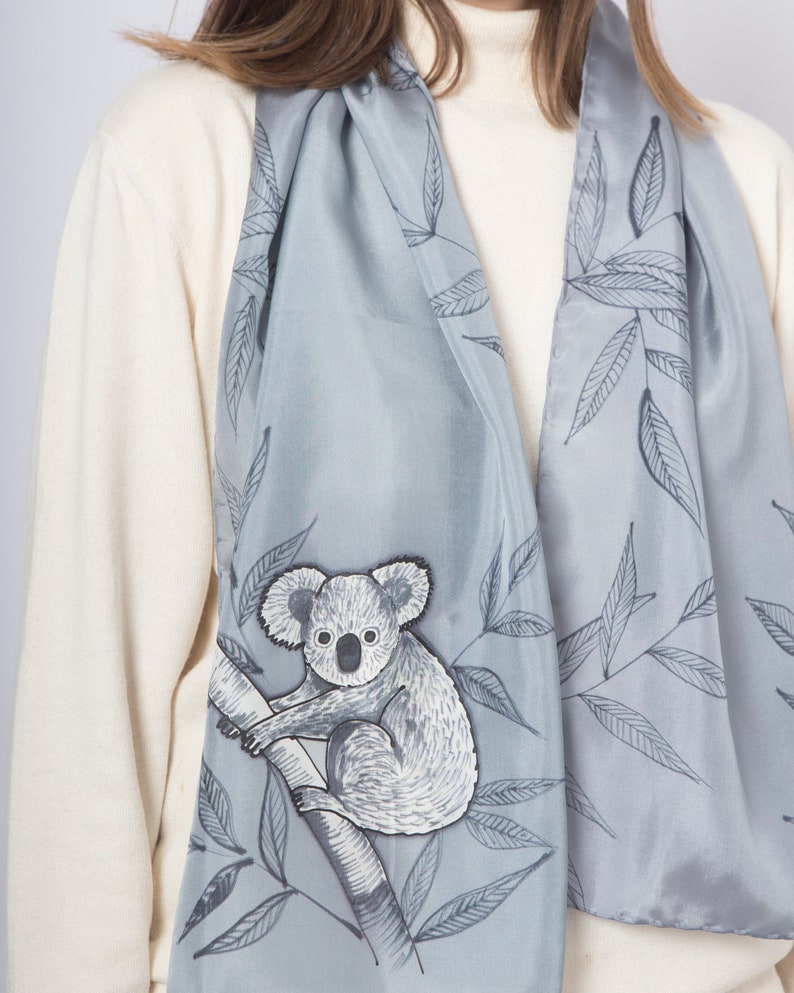 Koala Hand Painted Silk Scarf Koala Bear Australia Koala Print Grey Silk Scarf Mom Gift Pure Silk Scarf Save Koalas Koala Gifts 53X14 image 2