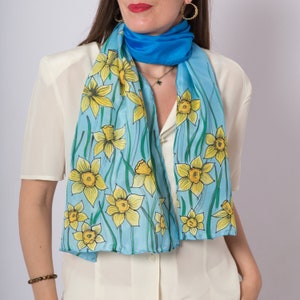 Daffodil Hand Painted Daffodil Print Long Silk Scarf Blue Silk Scarf Floral Silk Scarf Ombre Spring Pure Silk Scarf Birthday Gift 61X16 image 2